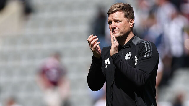 NEWCASTLE UPON TYNE, ENGLAND - MAY 11: Eddie Howe the head coach / manager of Newcastle United applauds the fans at full time during the Premier League match between Newcastle United FC and Chelsea FC at St James' Park on May 11, 2025 in Newcastle upon Tyne, England.