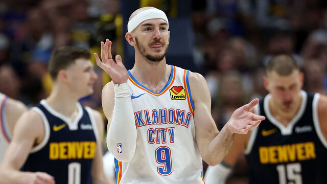 DENVER, COLORADO - MAY 11: Alex Caruso #9 of the Oklahoma City Thunder reacts against the Denver Nuggets during the fourth quarter in Game Four of the Western Conference Second Round NBA Playoffs at Ball Arena on May 11, 2025 in Denver, Colorado.
