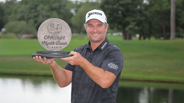 MYRTLE BEACH, SOUTH CAROLINA - MAY 11: Ryan Fox of New Zealand poses with the trophy after winning the final round of the ONEflight Myrtle Beach Classic 2025 at Dunes Golf & Beach Club on May 11, 2025 in Myrtle Beach, South Carolina.