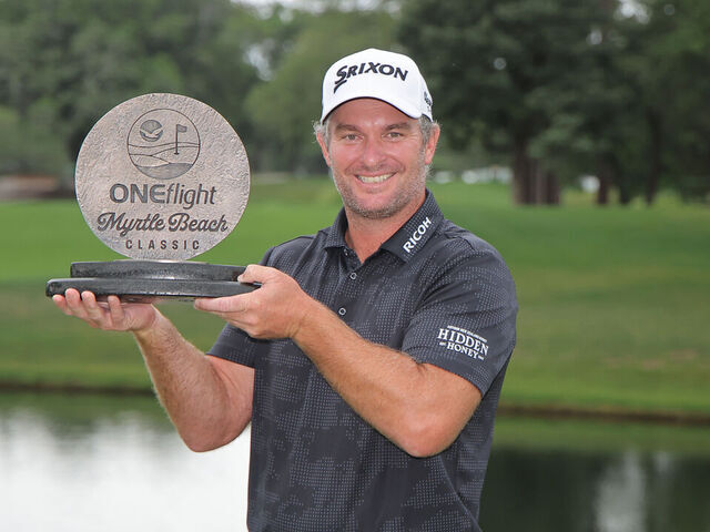 MYRTLE BEACH, SOUTH CAROLINA - MAY 11: Ryan Fox of New Zealand poses with the trophy after winning the final round of the ONEflight Myrtle Beach Classic 2025 at Dunes Golf & Beach Club on May 11, 2025 in Myrtle Beach, South Carolina.