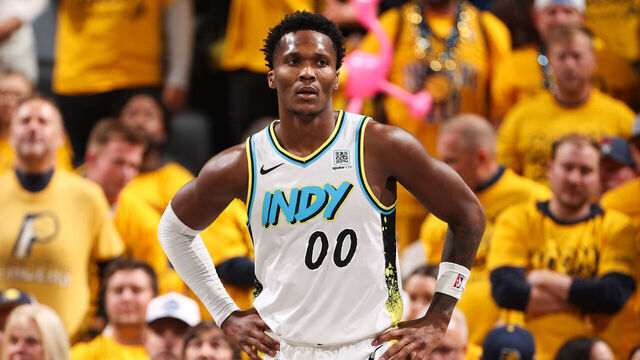 INDIANAPOLIS, IN - MAY 9: Bennedict Mathurin #00 of the Indiana Pacers looks on during the game against the Cleveland Cavaliers during Round 2 Game 3 on May 9, 2025 at Gainbridge Fieldhouse in Indianapolis, Indiana. Mandatory Copyright Notice: Copyright 2025 NBAE