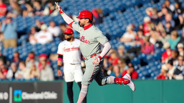 CLEVELAND, OH - MAY 11: Philadelphia Phillies designated hitter Kyle Schwarber (12) rounds the bases after hitting a home run during the second inning of the Major League Baseball Interleague game between the Philadelphia Phillies and Cleveland Guardians on May 11, 2025, at Progressive Field in Cleveland, OH.
