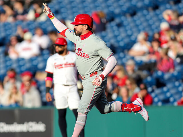 CLEVELAND, OH - MAY 11: Philadelphia Phillies designated hitter Kyle Schwarber (12) rounds the bases after hitting a home run during the second inning of the Major League Baseball Interleague game between the Philadelphia Phillies and Cleveland Guardians on May 11, 2025, at Progressive Field in Cleveland, OH.