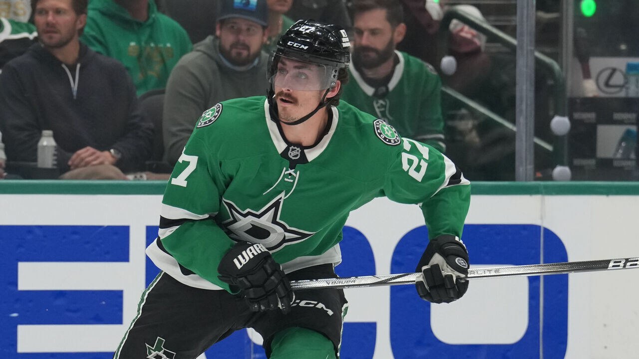 DALLAS, TX - APRIL 28: Mason Marchment #27 of the Dallas Stars skates against the Colorado Avalanche in the first period of Game Five of the First Round of the 2025 Stanley Cup Playoffs at the American Airlines Center on April 28, 2025 in Dallas, Texas.