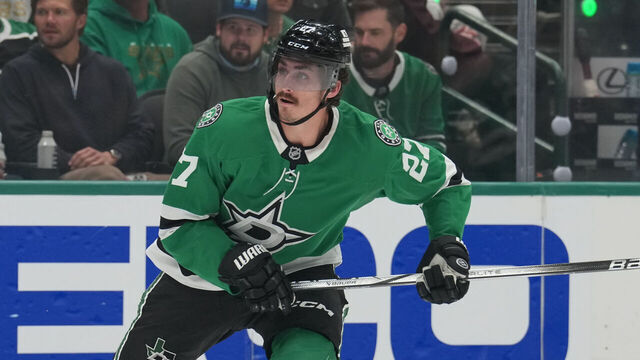 DALLAS, TX - APRIL 28: Mason Marchment #27 of the Dallas Stars skates against the Colorado Avalanche in the first period of Game Five of the First Round of the 2025 Stanley Cup Playoffs at the American Airlines Center on April 28, 2025 in Dallas, Texas.