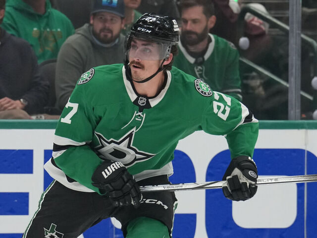 DALLAS, TX - APRIL 28: Mason Marchment #27 of the Dallas Stars skates against the Colorado Avalanche in the first period of Game Five of the First Round of the 2025 Stanley Cup Playoffs at the American Airlines Center on April 28, 2025 in Dallas, Texas.