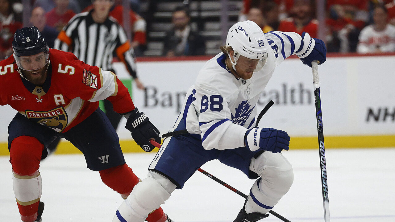 SUNRISE, FLORIDA -MAY 11: William Nylander #88 of the Toronto Maple Leafs skates for possession against Aaron Ekblad #5 of the Florida Panthers in Game Four of the Second Round of the 2025 Stanley Cup Playoffs at the Amerant Bank Arena on May 11, 2025 in Sunrise, Florida.