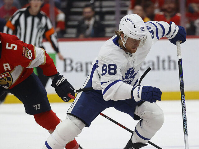 SUNRISE, FLORIDA -MAY 11: William Nylander #88 of the Toronto Maple Leafs skates for possession against Aaron Ekblad #5 of the Florida Panthers in Game Four of the Second Round of the 2025 Stanley Cup Playoffs at the Amerant Bank Arena on May 11, 2025 in Sunrise, Florida.