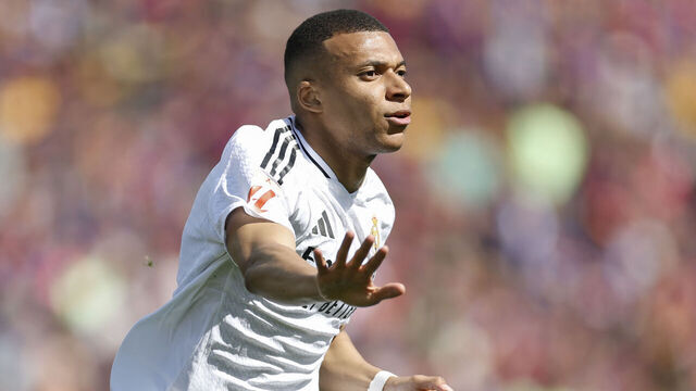 BARCELONA, SPAIN - MAY 11: Kylian Mbappe player of Real Madrid celebrates after scoring a goal