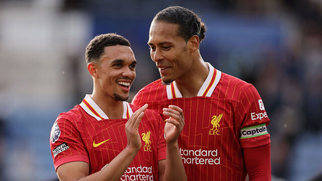 LEICESTER, ENGLAND - APRIL 20: Trent Alexander-Arnold of Liverpool with Virgil van Dijk of Liverpool after the Premier League match between Leicester City FC and Liverpool FC at The King Power Stadium on April 20, 2025 in Leicester, England.