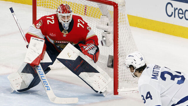 SUNRISE, FL - MAY 11: Goaltender Sergei Bobrovsky #72 of the Florida Panthers defends the net against Auston Matthews #34 of the Toronto Maple Leafs in the first period of Game Four of the Second Round of the 2025 NHL Stanley Cup Playoffs at the Amerant Bank Arena on May 11, 2025 in Sunrise, Florida.