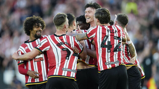 Sheffield United's Kieffer Moore celebrates scoring their side's first goal of the game during the Sky Bet Championship play off semi final, second leg at Bramall Lane, Sheffield. Picture date: Monday May 12, 2025.