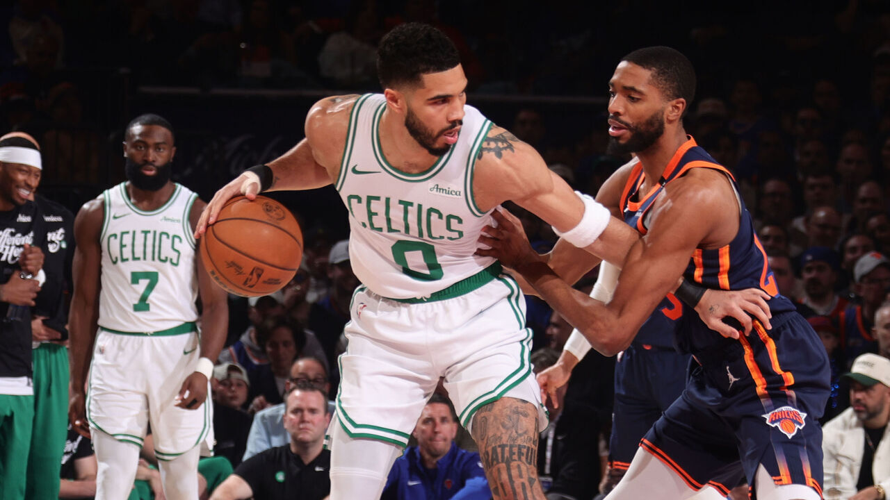 NEW YORK, NY - MAY 12: Jayson Tatum #0 of the Boston Celtics dribbles the ball during the game against the New York Knicks during Round 2 Game 4 of the 2025 NBA Playoffs on May 12, 2025 at Madison Square Garden in New York City, New York. Mandatory Copyright Notice: Copyright 2025 NBAE