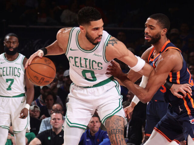 NEW YORK, NY - MAY 12: Jayson Tatum #0 of the Boston Celtics dribbles the ball during the game against the New York Knicks during Round 2 Game 4 of the 2025 NBA Playoffs on May 12, 2025 at Madison Square Garden in New York City, New York. Mandatory Copyright Notice: Copyright 2025 NBAE