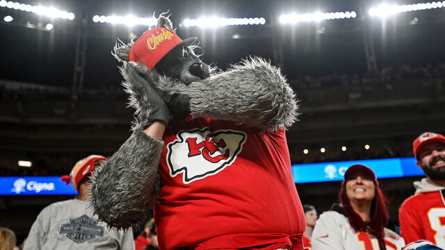 DENVER, CO - DECEMBER 11: A costumed Kansas City Chiefs fans shows the night night gesture in the fourth quarter during a game between the Kansas City Chiefs and the Denver Broncos at Empower Field at Mile High on December 11, 2022 in Denver, Colorado.