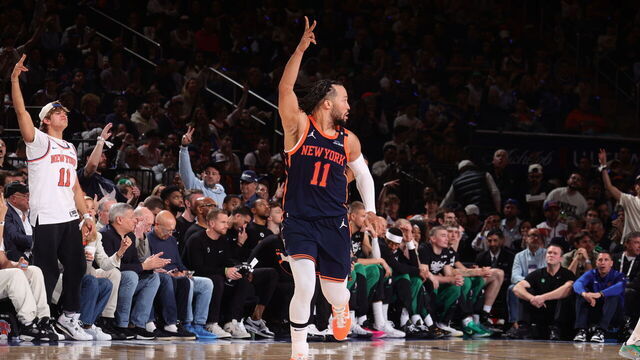 NEW YORK, NY - MAY 12: Jalen Brunson #11 of the New York Knicks celebrates during the game against the Boston Celtics during Round 2 Game 4 of the 2025 NBA Playoffs on May 12, 2025 at Madison Square Garden in New York City, New York. Mandatory Copyright Notice: Copyright 2025 NBAE