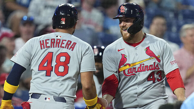 PHILADELPHIA, PENNSYLVANIA - MAY 12: Iván Herrera #48 of the St. Louis Cardinals celebrates with Pedro Pagés #43 after hitting a solo home run in the top of the sixth inning against the Philadelphia Phillies at Citizens Bank Park on May 12, 2025 in Philadelphia, Pennsylvania. The Cardinals defeated the Phillies 3-2.