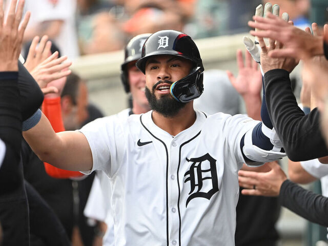 DETROIT, MI - MAY 12: Gleyber Torres #25 of the Detroit Tigers celebrates with teammates in the dugout after hitting a two-run home run in the first inning during the game between the Boston Red Sox and the Detroit Tigers at Comerica Park on Monday, May 12, 2025 in Detroit, Michigan.