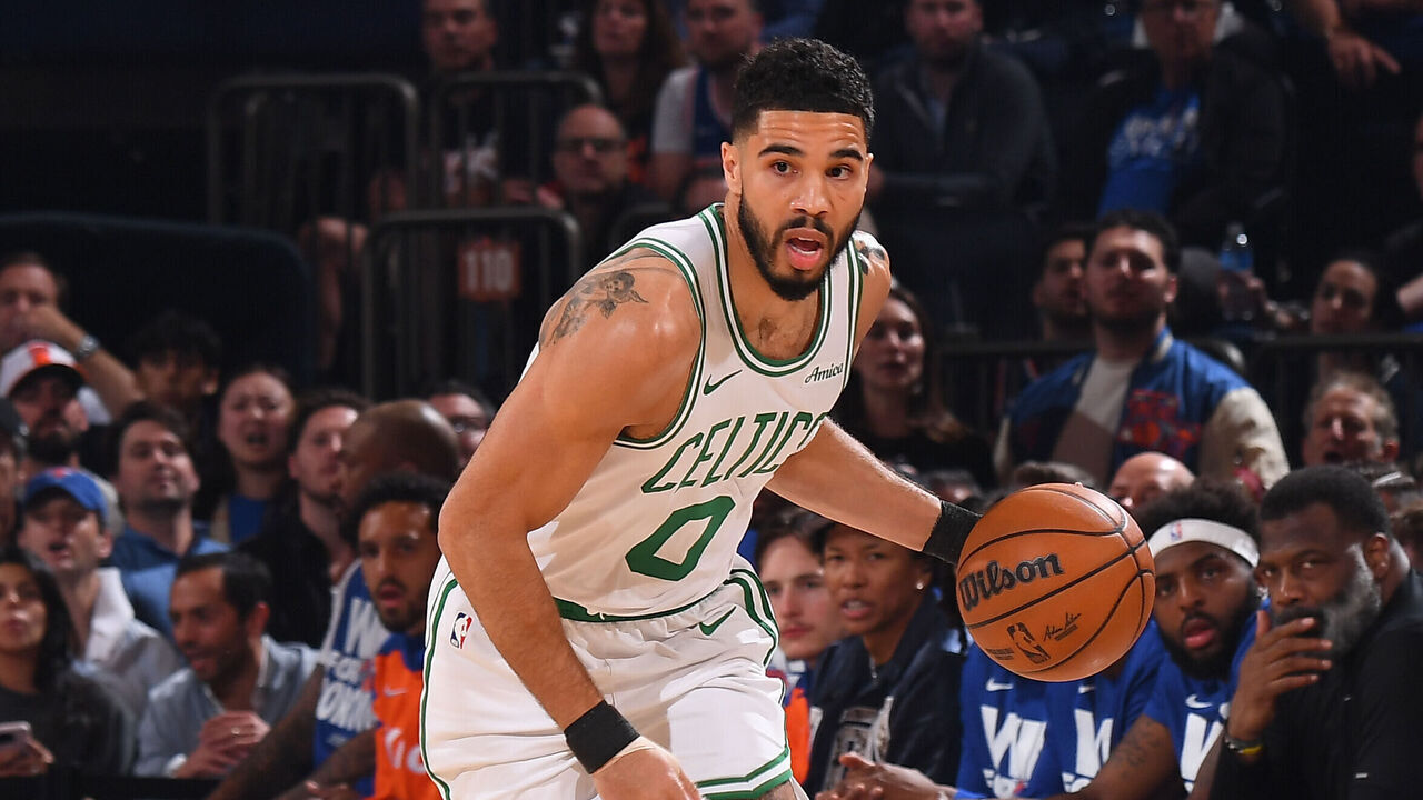 NEW YORK, NY - MAY 12: Jayson Tatum #0 of the Boston Celtics handles the ball during the game against the New York Knicks during Round 2 Game 4 on May 12, 2025 at Madison Square Garden in New York City, New York. Mandatory Copyright Notice: Copyright 2025 NBAE