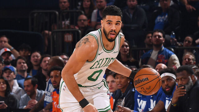 NEW YORK, NY - MAY 12: Jayson Tatum #0 of the Boston Celtics handles the ball during the game against the New York Knicks during Round 2 Game 4 on May 12, 2025 at Madison Square Garden in New York City, New York. Mandatory Copyright Notice: Copyright 2025 NBAE