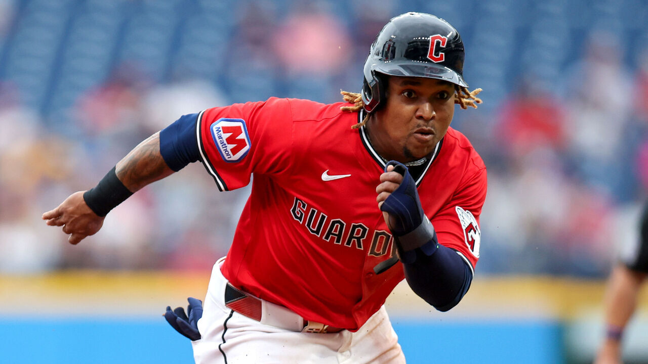 CLEVELAND, OH - MAY 12: Cleveland Guardians third baseman Jose Ramirez (11) steals third base during the fourth inning of the Major League Baseball Interleague game between the Milwaukee Brewers and Cleveland Guardians on May 12, 2025, at Progressive Field in Cleveland, OH.