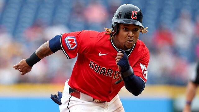 CLEVELAND, OH - MAY 12: Cleveland Guardians third baseman Jose Ramirez (11) steals third base during the fourth inning of the Major League Baseball Interleague game between the Milwaukee Brewers and Cleveland Guardians on May 12, 2025, at Progressive Field in Cleveland, OH.