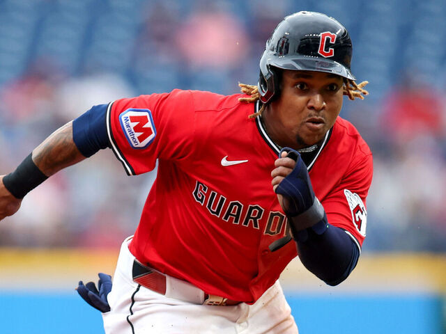 CLEVELAND, OH - MAY 12: Cleveland Guardians third baseman Jose Ramirez (11) steals third base during the fourth inning of the Major League Baseball Interleague game between the Milwaukee Brewers and Cleveland Guardians on May 12, 2025, at Progressive Field in Cleveland, OH.