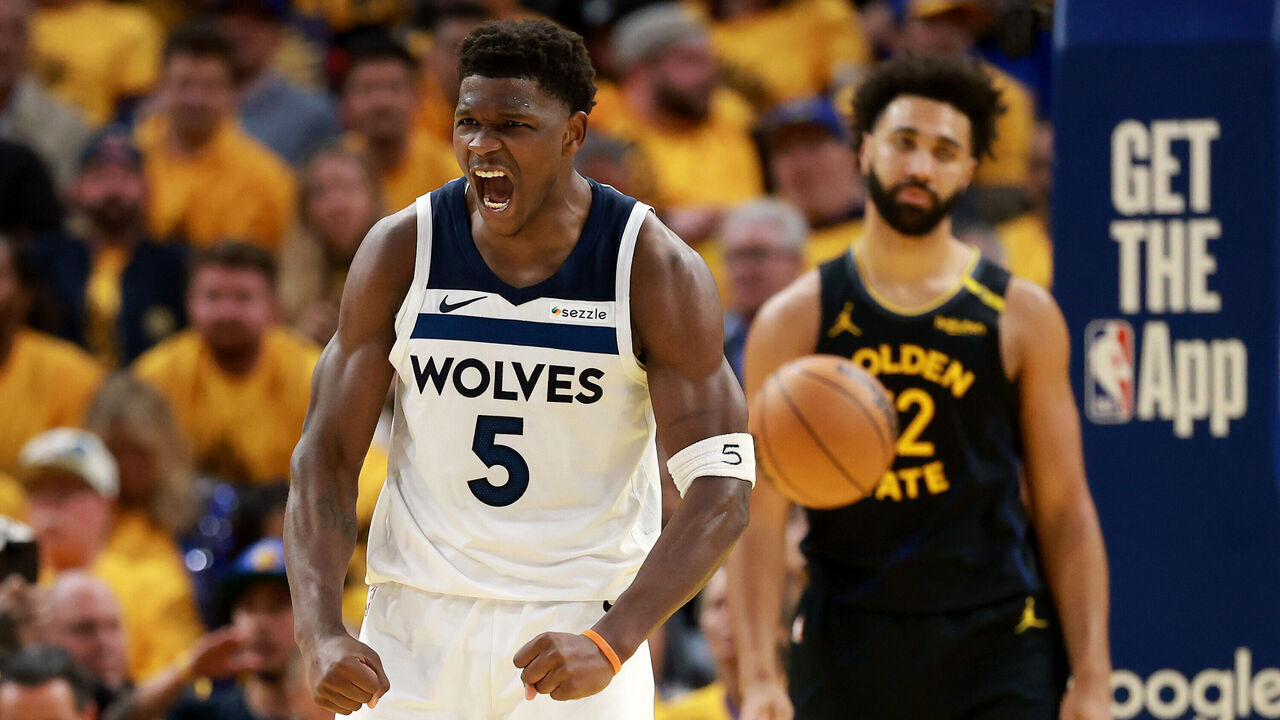 SAN FRANCISCO, CALIFORNIA - MAY 12: Anthony Edwards #5 of the Minnesota Timberwolves reacts against the Golden State Warriors during the third quarter in Game Four of the Western Conference Second Round NBA Playoffs at Chase Center on May 12, 2025 in San Francisco, California.