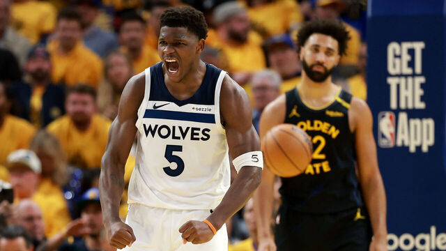 SAN FRANCISCO, CALIFORNIA - MAY 12: Anthony Edwards #5 of the Minnesota Timberwolves reacts against the Golden State Warriors during the third quarter in Game Four of the Western Conference Second Round NBA Playoffs at Chase Center on May 12, 2025 in San Francisco, California.