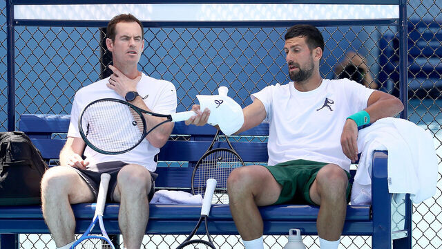 MIAMI GARDENS, FLORIDA - MARCH 20: Novak Djokovic of Serbia and his coach Andy Murray during a practice session on Day 3 of the Miami Open at Hard Rock Stadium on March 20, 2025 in Miami Gardens, Florida.