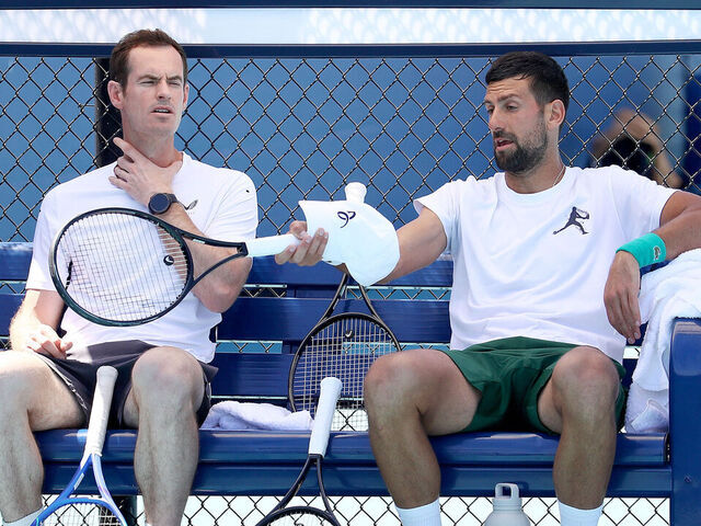 MIAMI GARDENS, FLORIDA - MARCH 20: Novak Djokovic of Serbia and his coach Andy Murray during a practice session on Day 3 of the Miami Open at Hard Rock Stadium on March 20, 2025 in Miami Gardens, Florida.