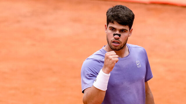 Carlos Alcaraz of Spain celebrates against Karen Khachanov of Russia during the Internazionali BNL d'Italia day Nine at Foro Italico on May 13, 2025 in Rome, Italy.