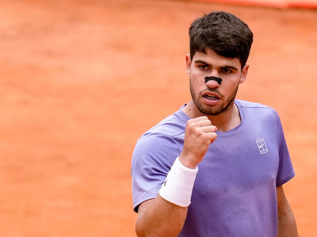 Carlos Alcaraz of Spain celebrates against Karen Khachanov of Russia during the Internazionali BNL d'Italia day Nine at Foro Italico on May 13, 2025 in Rome, Italy.