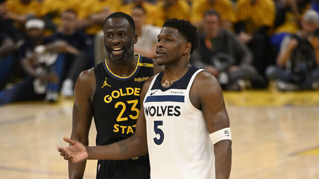 SAN FRANCISCO, CA - MAY 12: Draymond Green #23 of the Golden State Warriors speaks with Anthony Edwards #5 of the Minnesota Timberwolves during Round Two, Game Four of the 2025 NBA Playoffs on May 12, 2025 at Chase Center in San Francisco, California. NOTE TO USER: User expressly acknowledges and agrees that, by downloading and or using this photograph, user is consenting to the terms and conditions of Getty Images License Agreement. Mandatory Copyright Notice: Copyright 2025 NBAE