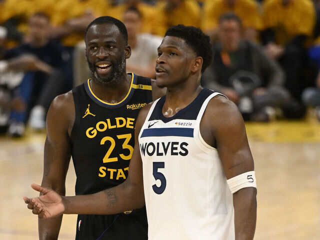 SAN FRANCISCO, CA - MAY 12: Draymond Green #23 of the Golden State Warriors speaks with Anthony Edwards #5 of the Minnesota Timberwolves during Round Two, Game Four of the 2025 NBA Playoffs on May 12, 2025 at Chase Center in San Francisco, California. NOTE TO USER: User expressly acknowledges and agrees that, by downloading and or using this photograph, user is consenting to the terms and conditions of Getty Images License Agreement. Mandatory Copyright Notice: Copyright 2025 NBAE