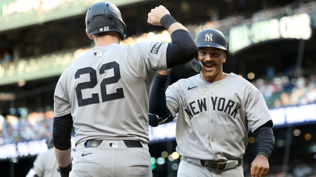 SEATTLE, WASHINGTON - MAY 12: Trent Grisham #12 of the New York Yankees celebrates his home run with Ben Rice #22 against the Seattle Mariners during the third inning at T-Mobile Park on May 12, 2025 in Seattle, Washington.