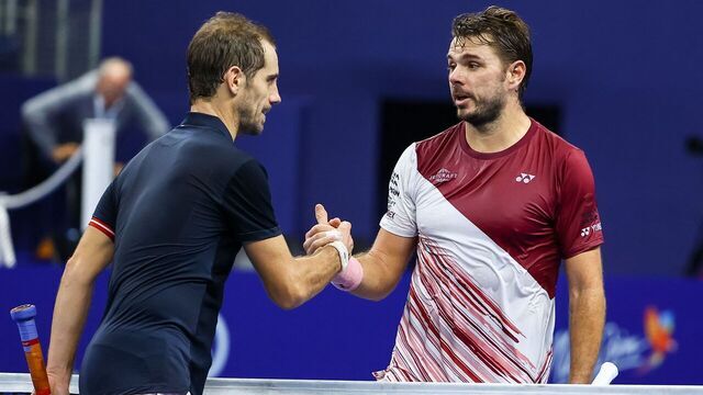 French Richard Gasquet celebrates winning his match the game between Swiss Wawrinka and French Gasquet at the European Open Tennis ATP tournament, in Antwerp, Monday 17 October 2022. BELGA PHOTO DAVID PINTENS