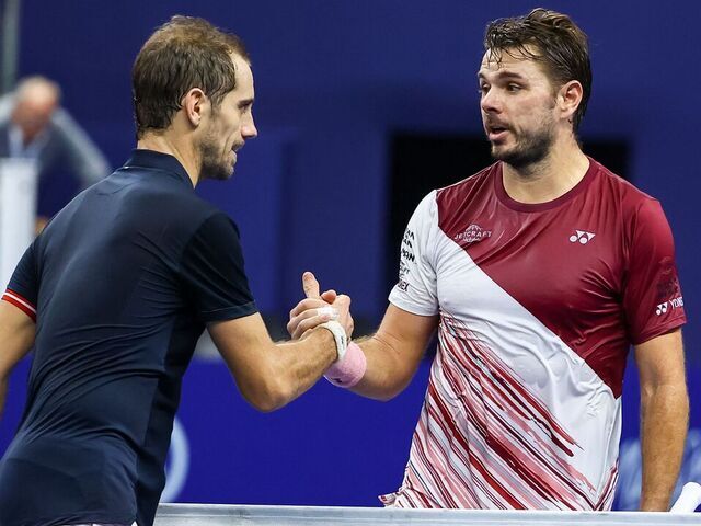 French Richard Gasquet celebrates winning his match the game between Swiss Wawrinka and French Gasquet at the European Open Tennis ATP tournament, in Antwerp, Monday 17 October 2022. BELGA PHOTO DAVID PINTENS