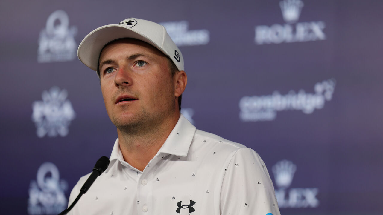 CHARLOTTE, NORTH CAROLINA - MAY 13: Jordan Spieth of the United States speaks with the media prior to the PGA Championship at Quail Hollow Country Club on May 13, 2025 in Charlotte, North Carolina.
