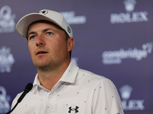 CHARLOTTE, NORTH CAROLINA - MAY 13: Jordan Spieth of the United States speaks with the media prior to the PGA Championship at Quail Hollow Country Club on May 13, 2025 in Charlotte, North Carolina.