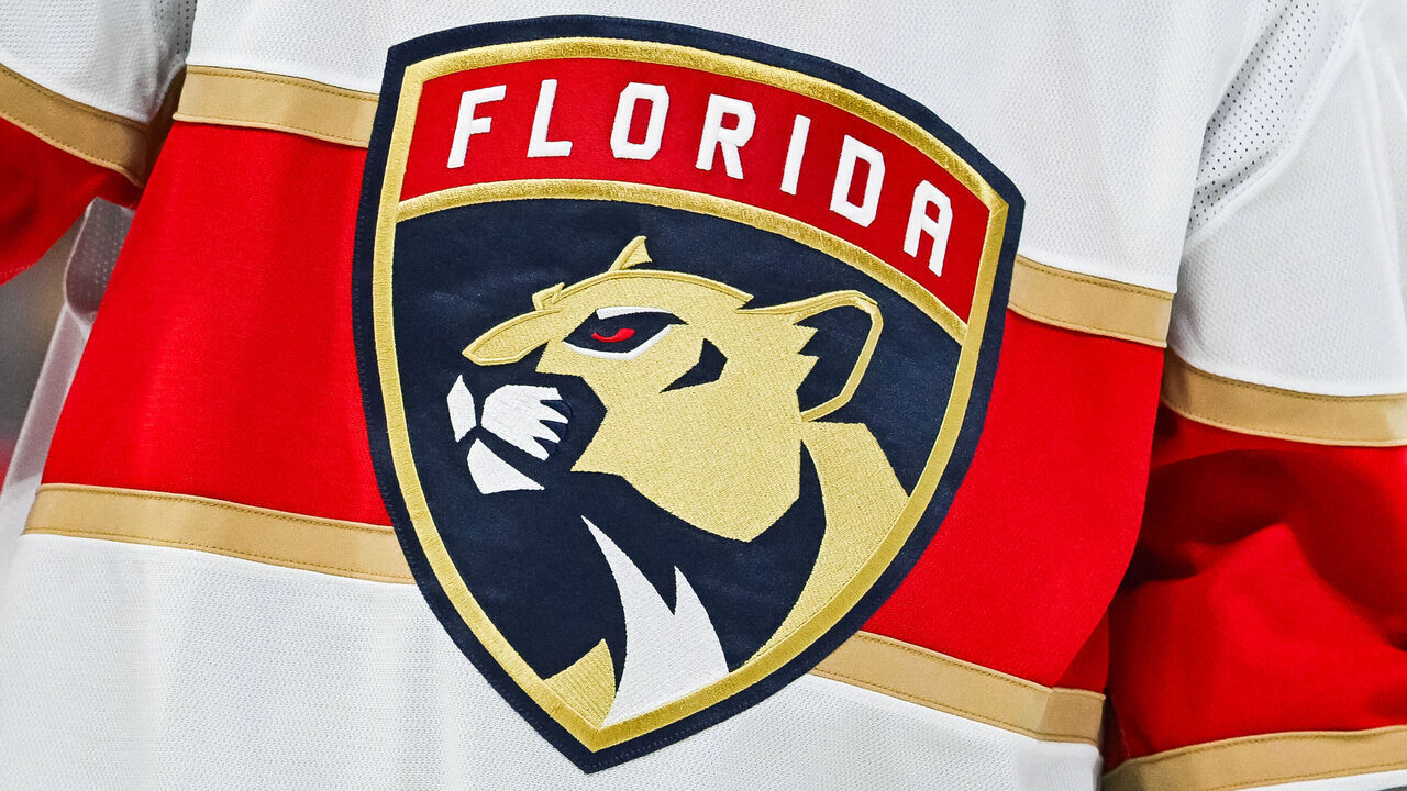 MONTREAL, QC - APRIL 01: View of a Florida Panthers logo on a jersey worn by a member of the team during the Florida Panthers versus the Montreal Canadiens game on April 01, 2025, at Bell Centre in Montreal, QC