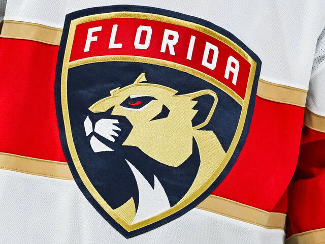 MONTREAL, QC - APRIL 01: View of a Florida Panthers logo on a jersey worn by a member of the team during the Florida Panthers versus the Montreal Canadiens game on April 01, 2025, at Bell Centre in Montreal, QC
