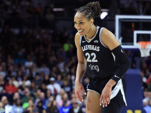 SOUTH BEND, INDIANA - MAY 02: A'ja Wilson #22 of the Las Vegas Aces reacts during the second quarter quarter against the Dallas Wings during the preseason game at Purcell Pavilion on May 02, 2025 in South Bend, Indiana.
