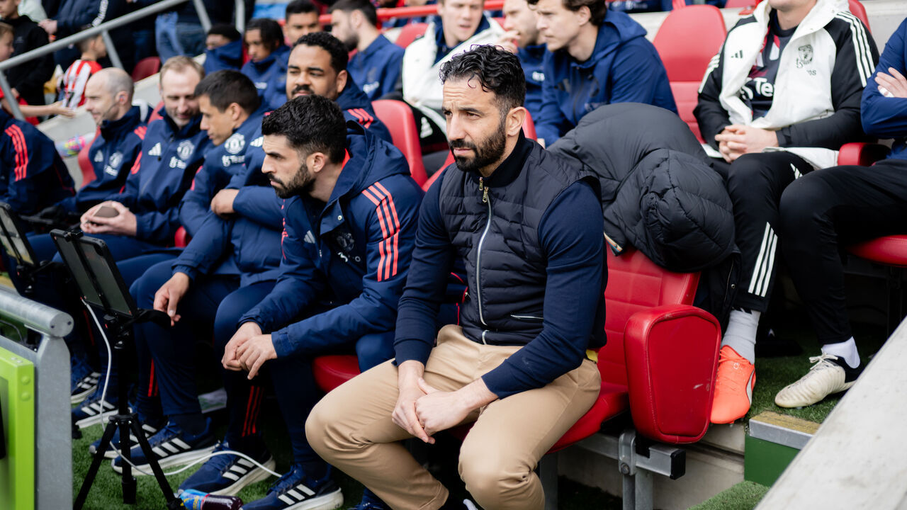 BRENTFORD, ENGLAND - MAY 04: Manager Ruben Amorim of Manchester United watches from the dugout during the Premier League match between Brentford FC and Manchester United FC at Brentford Community Stadium on May 04, 2025 in Brentford, England.