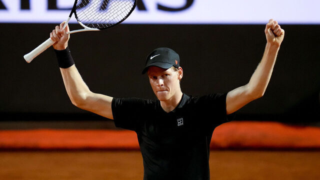 Jannik Sinner of Italy celebrates the victory against Francisco Cerundolo of Argentina during the Internazionali BNL d'Italia day Nine at Foro Italico on May 13, 2025 in Rome, Italy.
