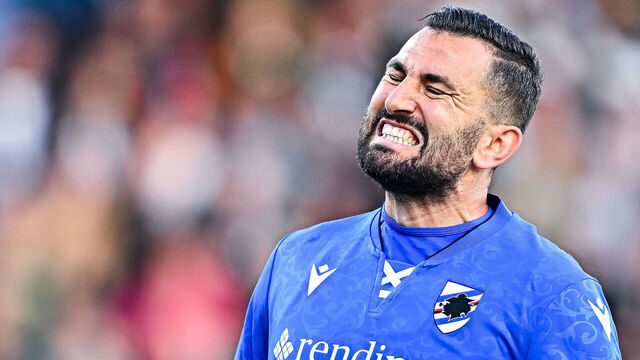 LA SPEZIA, ITALY - APRIL 5: Massimo Coda of Sampdoria reacts with disappointment during the Serie B match between Spezia Calcio and UC Sampdoria at Stadio Alberto Picco on April 6, 2025 in La Spezia, Italy.