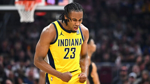 CLEVELAND, OHIO - MAY 13: Aaron Nesmith #23 of the Indiana Pacers reacts against the Cleveland Cavaliers during the second quarter in Game Five of the Eastern Conference Second Round NBA Playoffs at Rocket Arena on May 13, 2025 in Cleveland, Ohio.