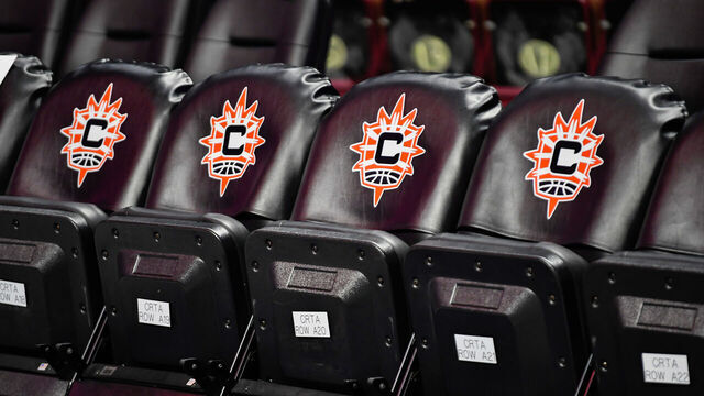 UNCASVILLE, CT - SEPTEMBER 19: A general view of chairs with the Connecticut Sun logo before a WNBA game between the Chicago Sky and the Connecticut Sun on September 19, 2024, at Mohegan Sun Arena in Uncasville, CT.