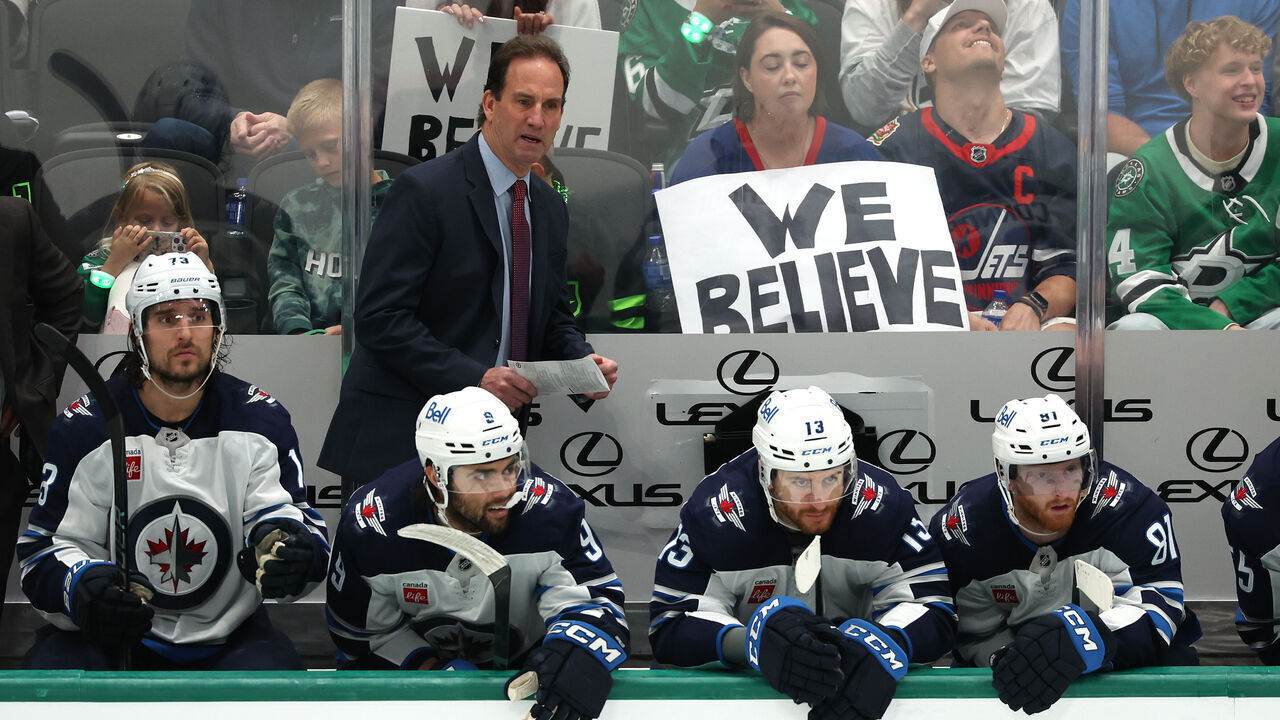 DALLAS, TEXAS - MAY 11: Head coach Scott Arniel of the Winnipeg Jets watches play from behind the bench during the third period of Game Three of the Second Round in the 2025 Stanley Cup Playoffs against the Dallas Stars at American Airlines Center on May 11, 2025 in Dallas, Texas.