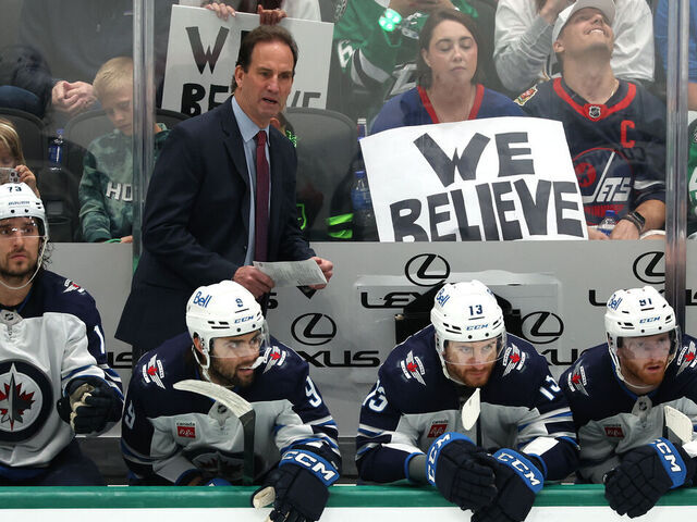 DALLAS, TEXAS - MAY 11: Head coach Scott Arniel of the Winnipeg Jets watches play from behind the bench during the third period of Game Three of the Second Round in the 2025 Stanley Cup Playoffs against the Dallas Stars at American Airlines Center on May 11, 2025 in Dallas, Texas.